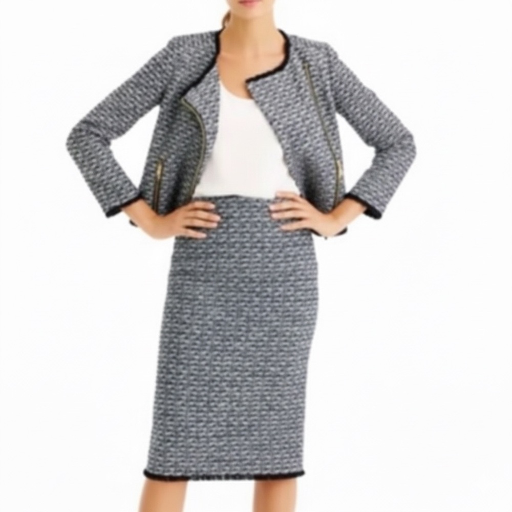 J. Crew Size 8 Tweed Pencil Skirt Fringe Hem Black White Textured Wool Blend